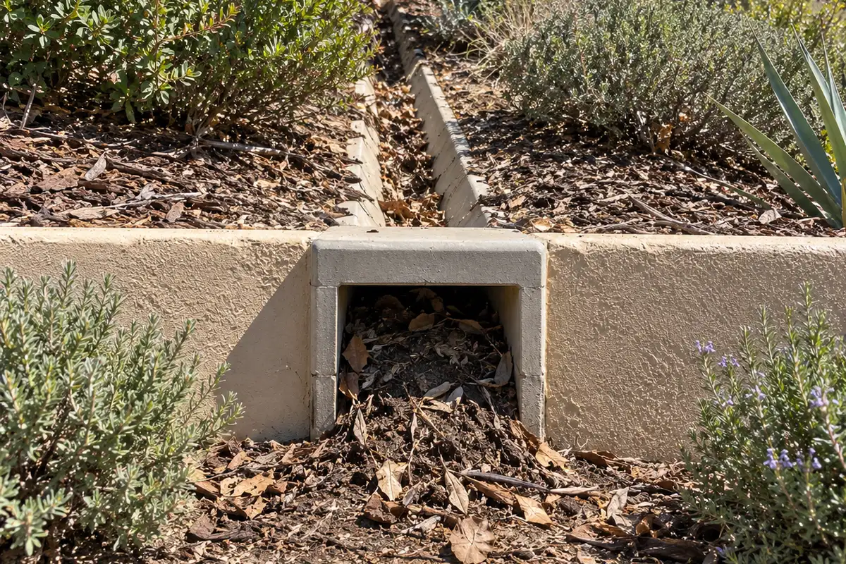 A hillside terrace drain and its outlet blocked with leaves and silt behind a stucco garden wall