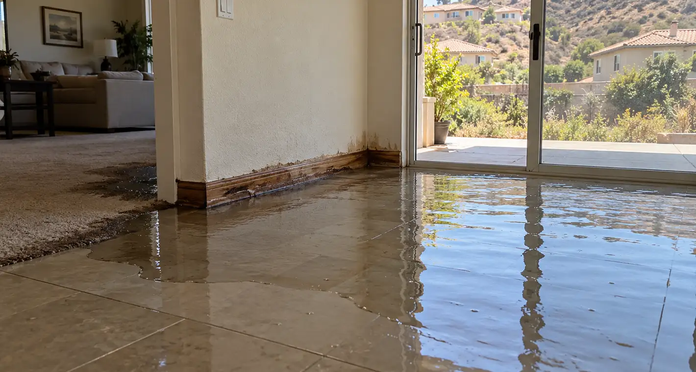 Water spreading across a tile floor from the base of a wall in a slab-built home, with a hillside of clay-tile roofs beyond the slider