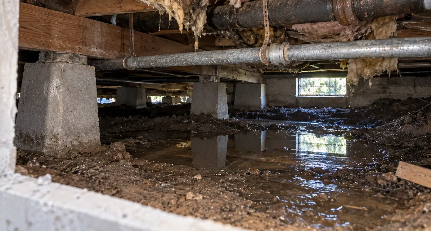 Standing water and damp soil in the crawl space of an older cottage, under galvanized supply pipe and a cast iron drain line
