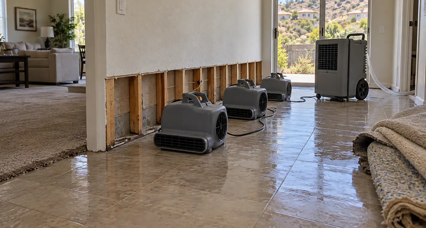 Air movers and a dehumidifier running on a tile floor with the bottom band of drywall cut away to the studs