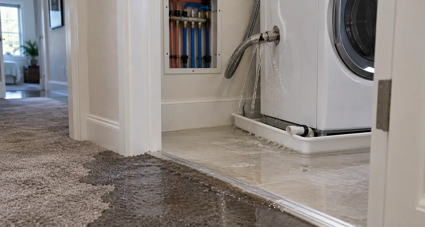 A split braided supply hose spraying behind a washing machine, water running from the drain pan onto the hall carpet