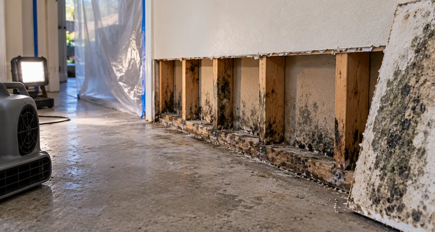 Mold growth on the sill plate and stud bases of a wall opened at the base over a concrete slab