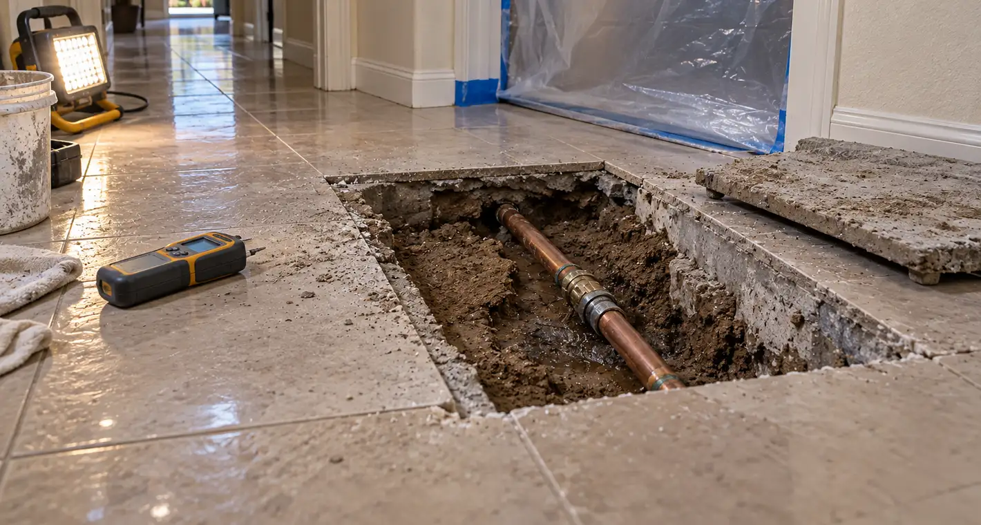 A section of tile and concrete slab cut open in a hallway, exposing a copper supply line with a repair coupling
