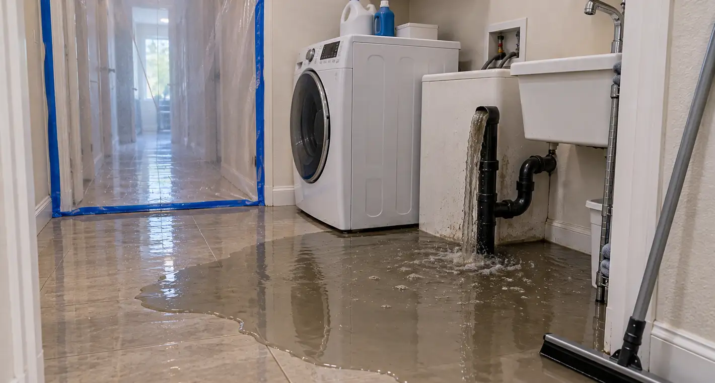 Gray water backing up around a laundry standpipe and spreading across the tile of a ground-floor laundry room